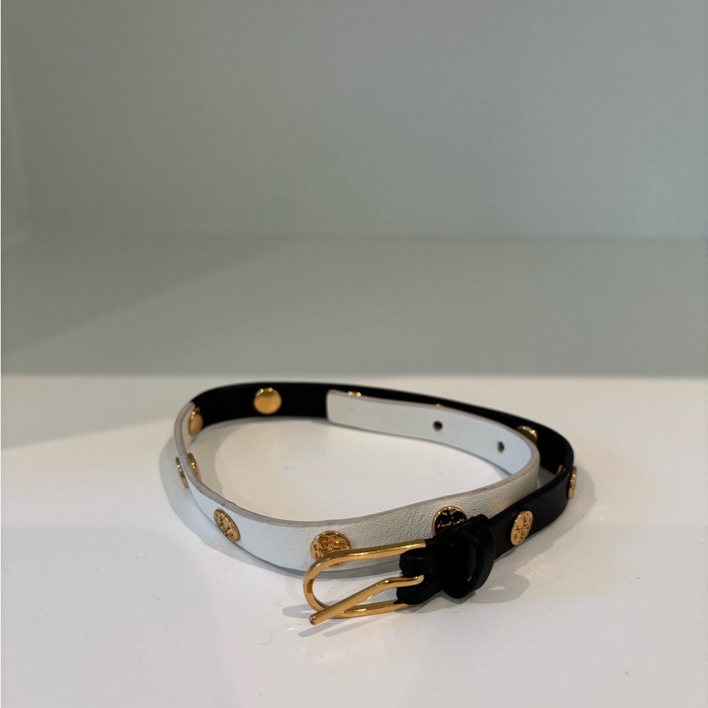 Tory Burch Black and White Leather Bracelet with Gold Accents